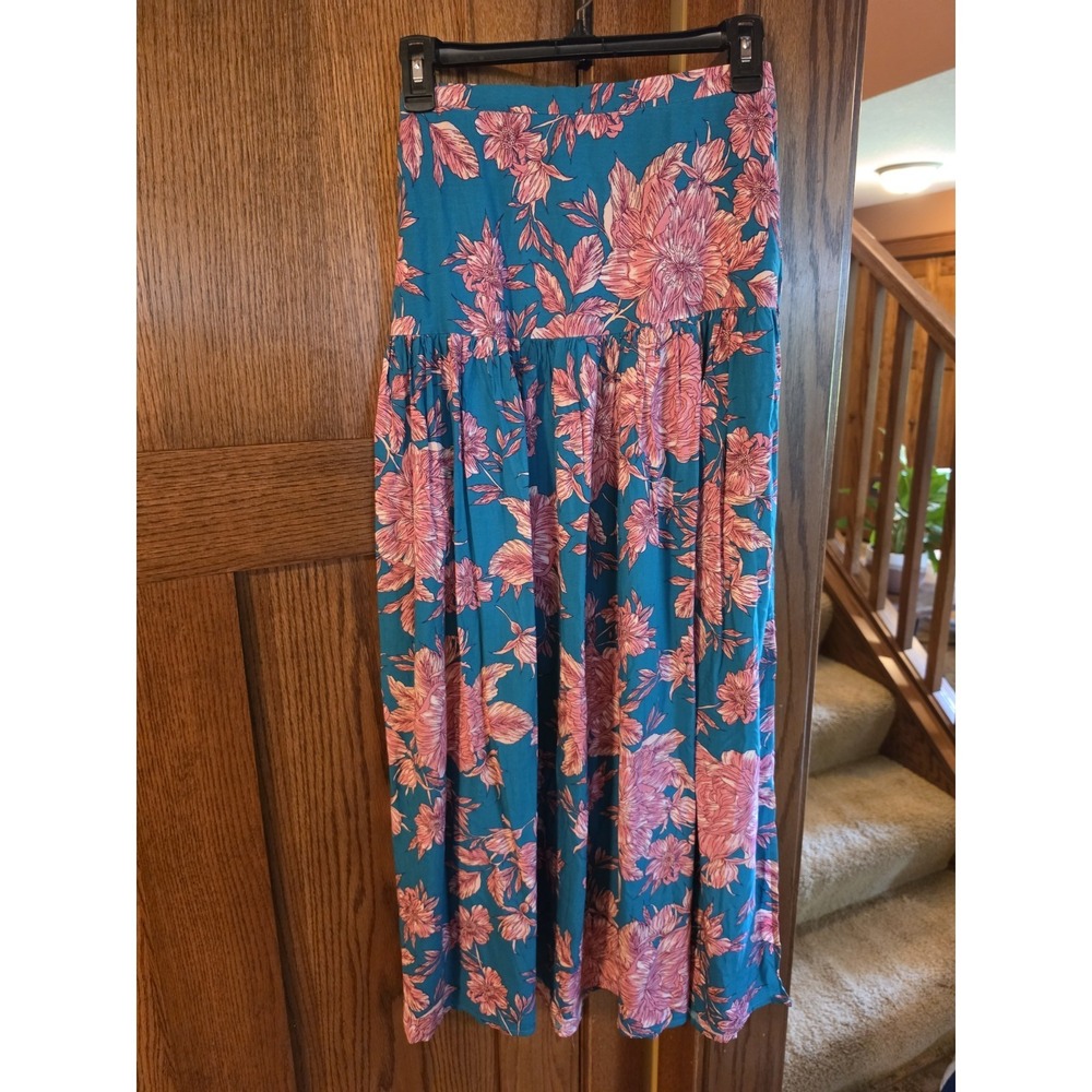 Abel The Label Anthropologie Bonnie Maxi Skirt XS Pull-On Teal Pink Floral
